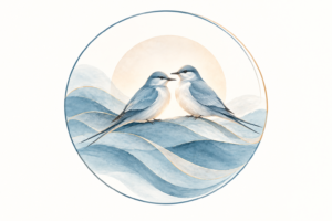 Two birds sitting sitting together facing each other