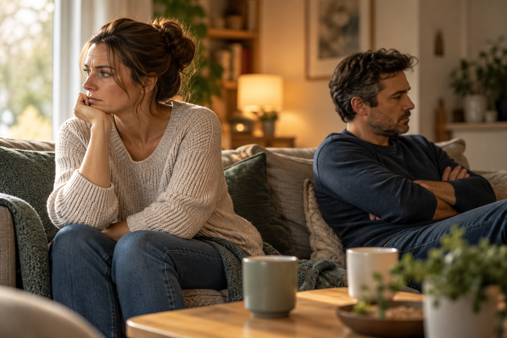 A couple sitting apart after an argument, both looking away and feeling disconnected.